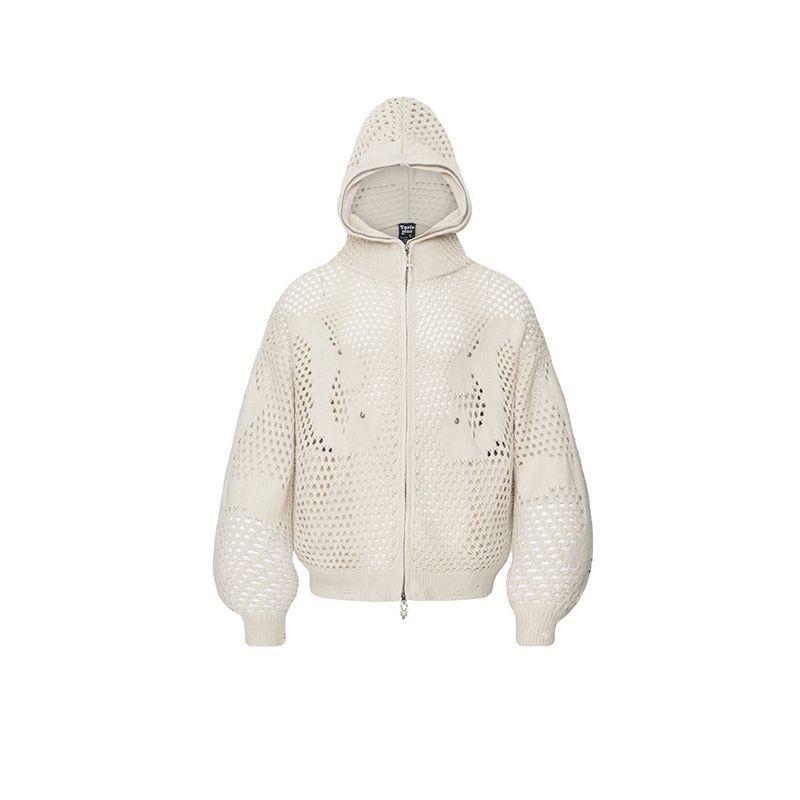 Unisex Retro Dark Knit Hooded Cardigan With Cutout Detail Lightweight Fall Sweater Youth