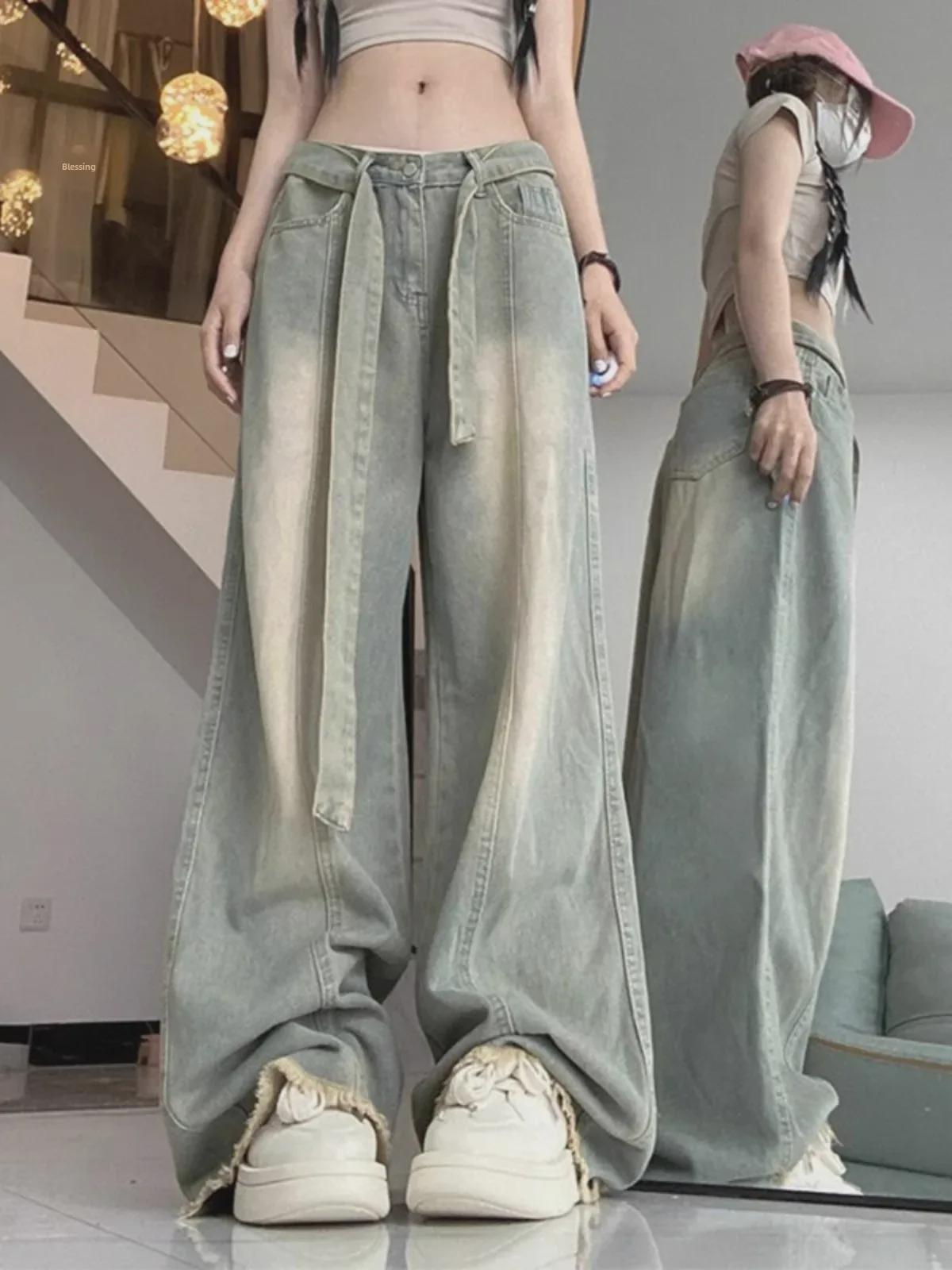 

Женские джинсы с высокой талией и ностальгическим необработанным краем, широкие, в стиле «американский хай-лейбл» — осень/зима M