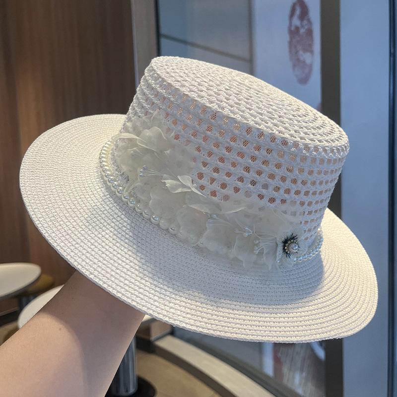 Flat top straw hat female pearl summer travel sun hat vacation beach hat versatile face hat