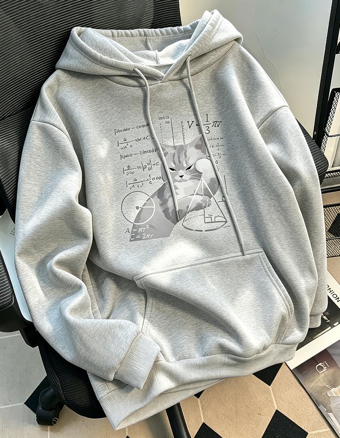 Women's casual hooded long-sleeved pullover with _Cat and Mathematical Formula_ print. Loose fit sweatshirt hoodie hoodies