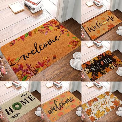 Autumn Theme Door Mat Various Fall Patterns Like Maple Leaves Pumpkins and "Welcome" Letters Non - Slip Floor Mat for Home Decor
