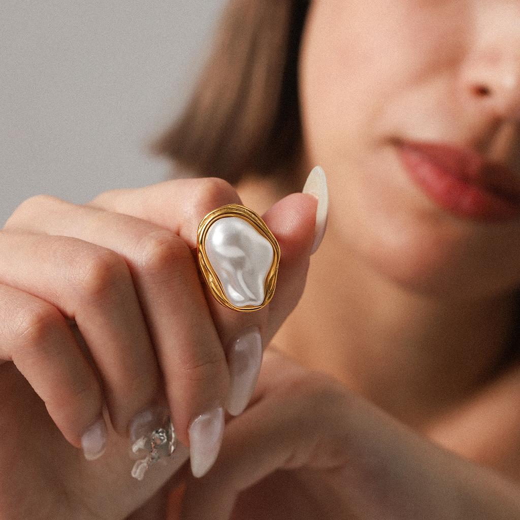 Stainless Steel Baroque Pearl Open Ring Women's Fashion Ring