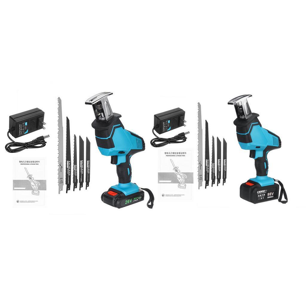 250W 13000mAh 26V/88V Cordless Reciprocating Saw+5 Saw Blades Metal Cutting Wood Tool Portable Woodworking Cutters Blue