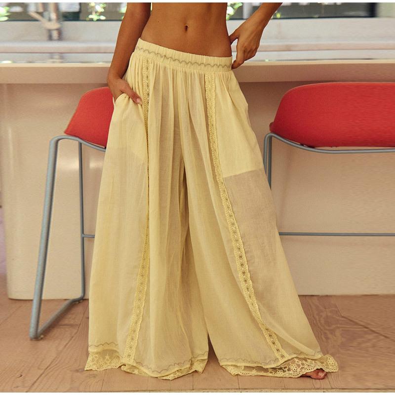 Lace Floral Top Pants Set Women Solid See Through Tops Loose High Waist Straight Leg Long Trousers 2025 New Lady Elegant Suits