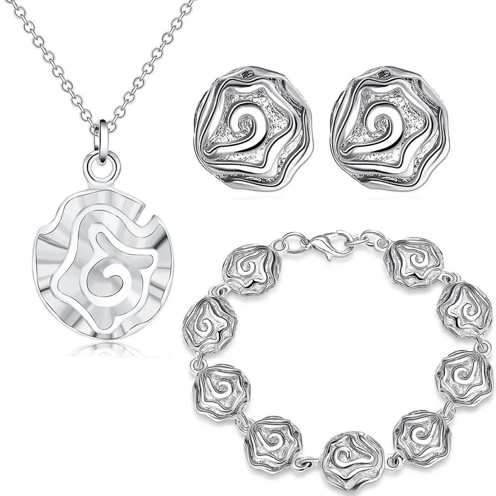 Trend Pretty Rose Flower   Copper Jewelry Set Earring Stud Bracelet Necklace for Women Fashion Party Couple Gifts