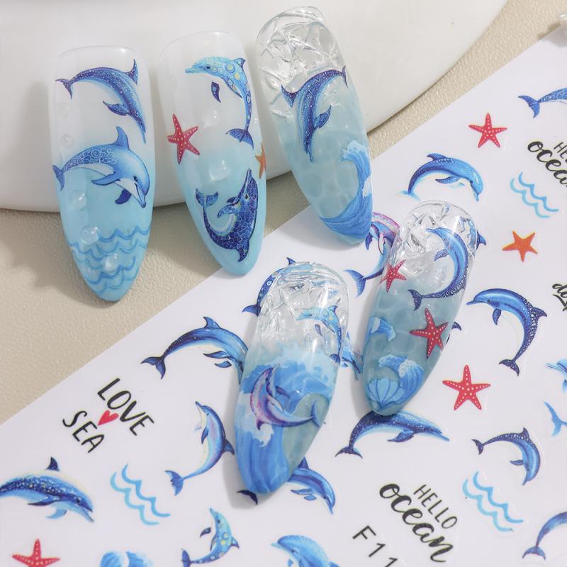 1 Sheet Holographic Jellyfish Dolphin Nail Art Stickers 3D Mermaid Ocean Shell Nail Decals Adhesive Ocean Beach Designs Nails