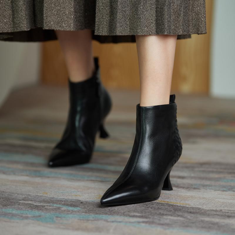 

Fashion 2024 Sheepskin Ankle Boots High Heels Women Boots Thin Heel Short Boots Genuine Leather Winter Modern Leather Shoes Ladies Shoes 34 чёрный