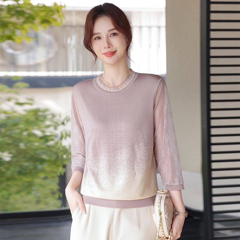 Elegant Spring Knitwear 2026: Stylish Gauze Sleeve Top for Middle-aged & Elderly Women