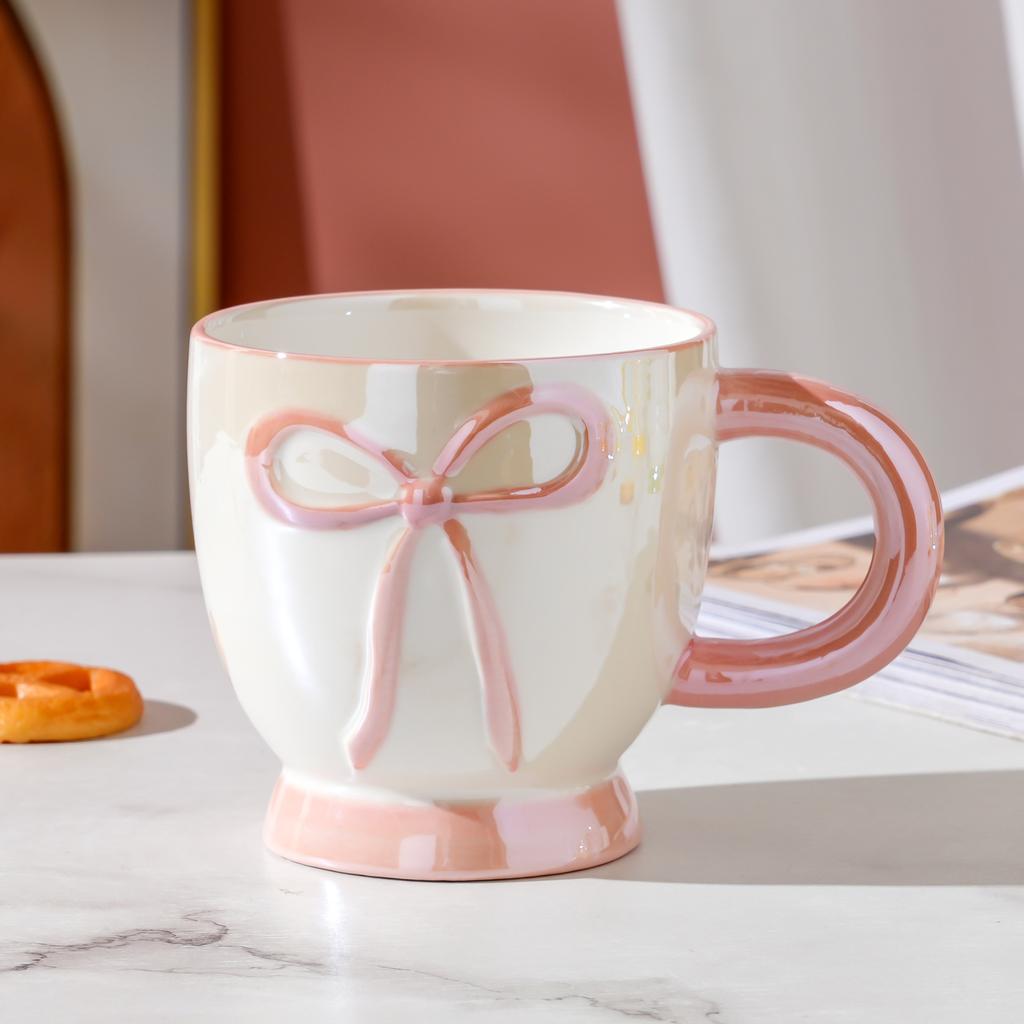 Creative Bow Ceramic Cup Cute with Lid Mug Drinking Water for Home Coffee Cup Gloss Ceramic Cup Couple