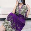 Casual Elegant Retro Bohemian National Style V-neck Elastic  Waist Large Swing Printed Summer Long Skirt Woman Dress Clothes