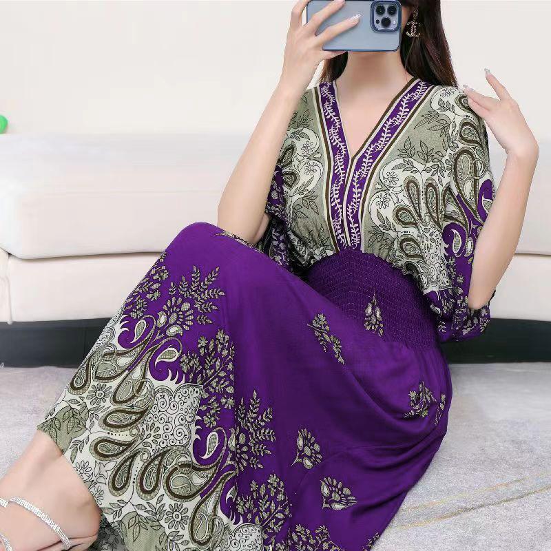Casual Elegant Retro Bohemian National Style V-neck Elastic  Waist Large Swing Printed Summer Long Skirt Woman Dress Clothes