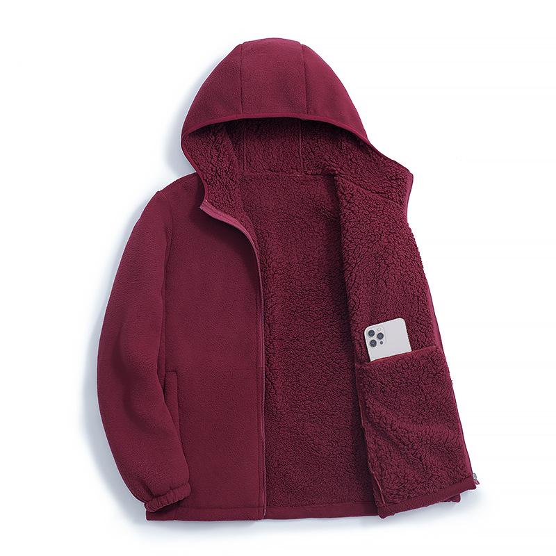 Women's Double-Sided Fleece Sherpa Hooded Windproof Velvet Jacket for Autumn and Winter