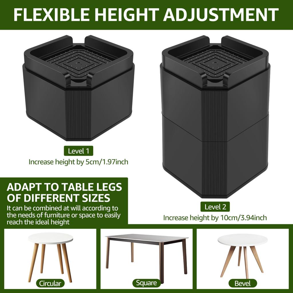 4Pcs Furniture Riser Stackable Bed Chair Table Heightening Foot Pad with Nonslip Base Enduring Stable Desk Leg Raising Block