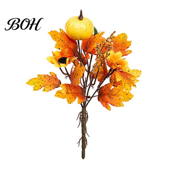 Seasonal Fabric Flower Bouquet Artificial Fall with Pumpkins Maple Leaves Wheat Berries, Faux Autumn Home Decor for Thanksgiving Centerpieces, Floral