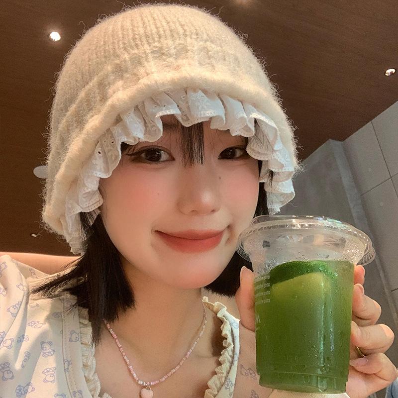 Lace lace knitted bucket hat women's season sweet versatile wool hat warm face small hat tide