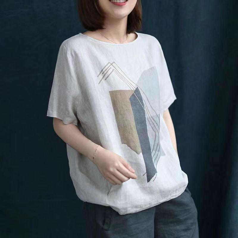 Dames Retro Casual Løse Bomull Lin T-skjorter Stor Størrelse Trykte Topper Sommer Rund Hals Korte Ermer T-skjorte