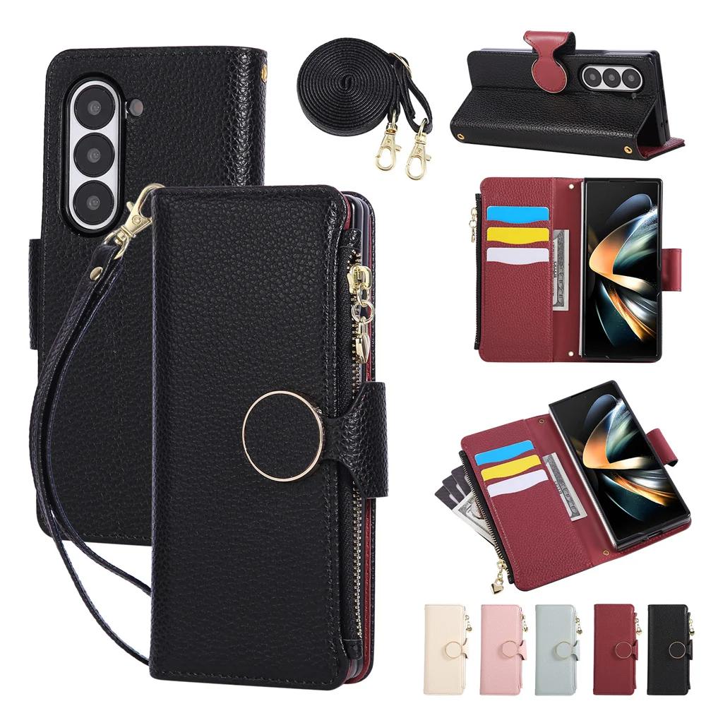 

Crossbody Wrist Strap Zipper Wallet Cards Holder Phone Case for Samsung Galaxy Z Fold 7 6 5 4 Fold7 Fold6 Lanyard Leather Cover Galaxy Z Fold3 5G