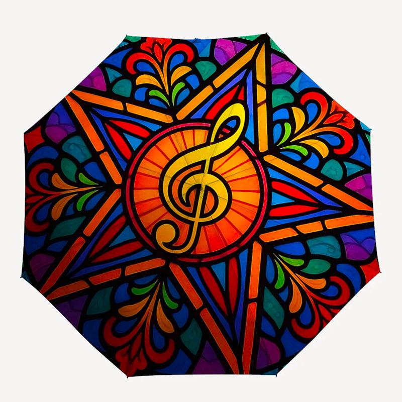 1pc Colorful Stained Glass Music Note Design Automatic Folding Umbrella - Portable 3-Fold Design with Iron Frame, Perfect for Outdoor Use, Festive Gif