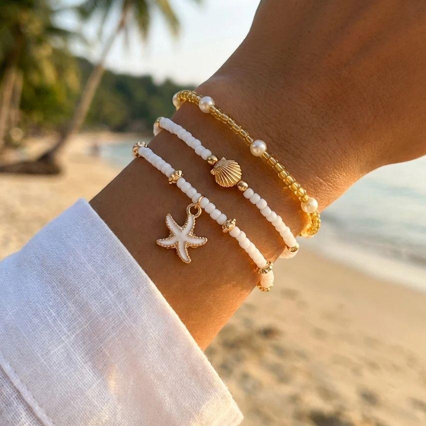 3 Pcs Bohemian Shell Starfish Pearl Bracelet Set For Women Summer Beach Multilayer Stacked Party Jewelry
