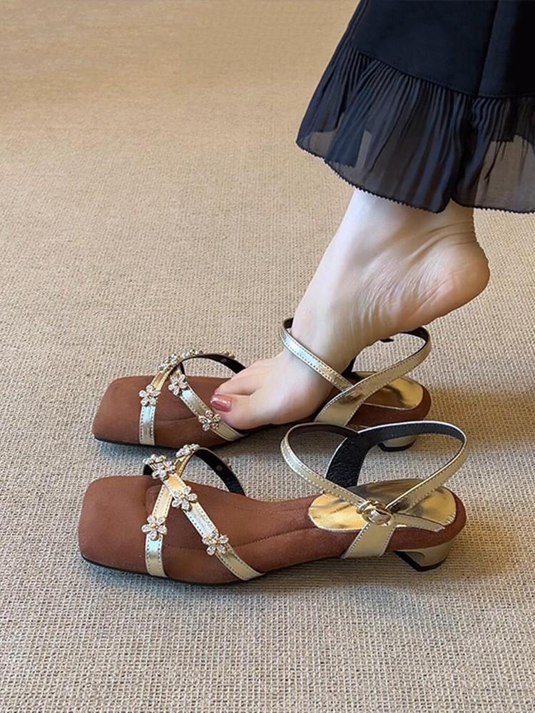 

French rhinestone flower with square head sandals women s summer temperament versatile skirt high heels 35