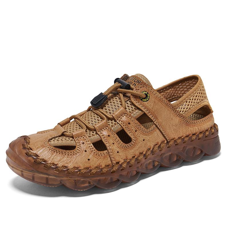 Hand-stitched Men's Shoes Outdoor Casual Shoes Buckle Versatile Leather Shoes Summer Low-top Large-size Cross-breathable Mesh Shoes Men