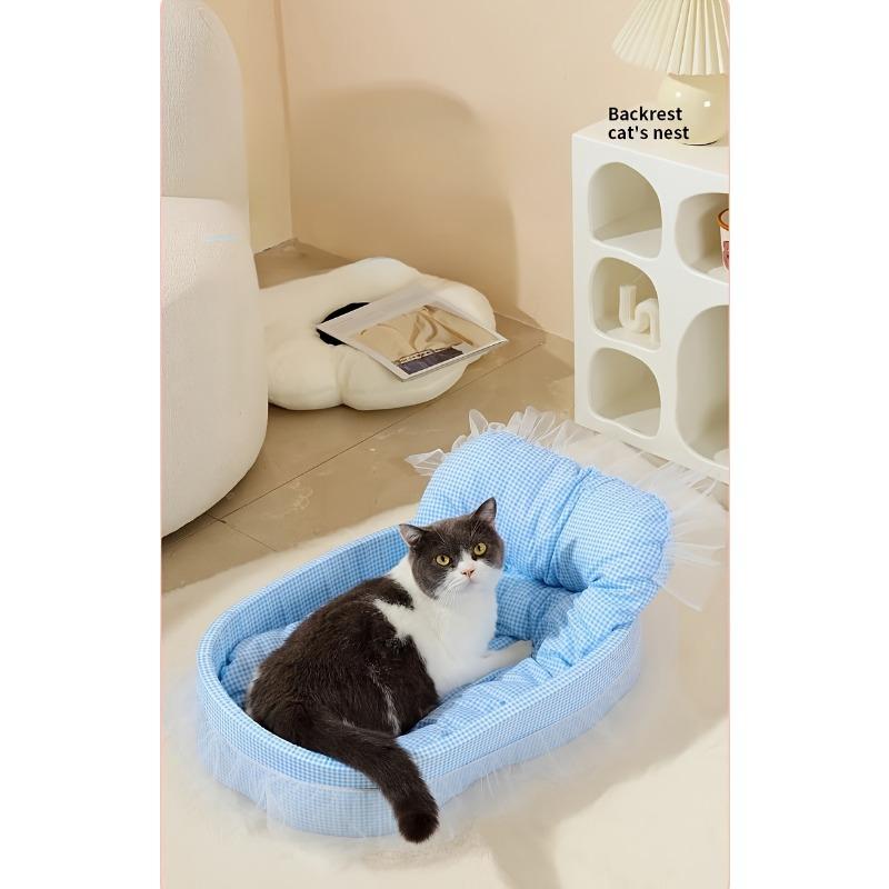 [Polyester Plaid Haustierbett] Atmungsaktives Polyester Plaid Haustierbett für kleine bis mittelgroße Katzen | Bequem mit dekorativer Spitzeneinfassung | Inklusive weich gepolsterter Matte