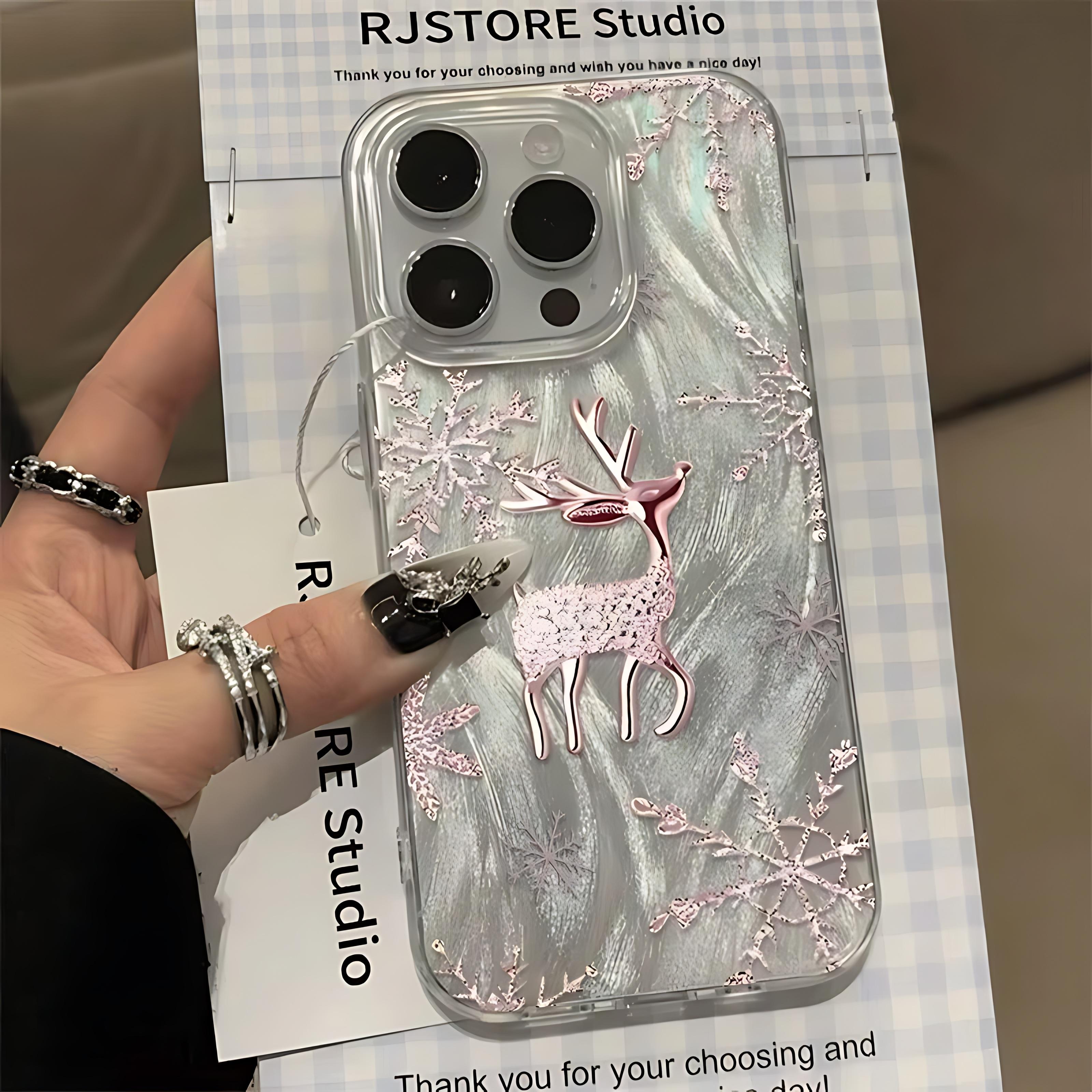 

Pink Gold Snowflake Deer Phone Case for vivo V60 V50 V30e V30 V29e V27 V29 V25 V23e S17 S15 Lite Pro 4G 5G Feather Texture Cover vivo S1 4G