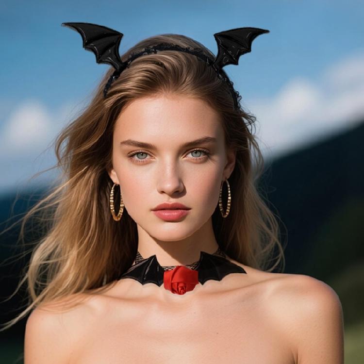 Adults Devil Costumes Set Accessories Devil Bat Headband Flower Lace Choker for Role Play Halloween Cosplay Party Props