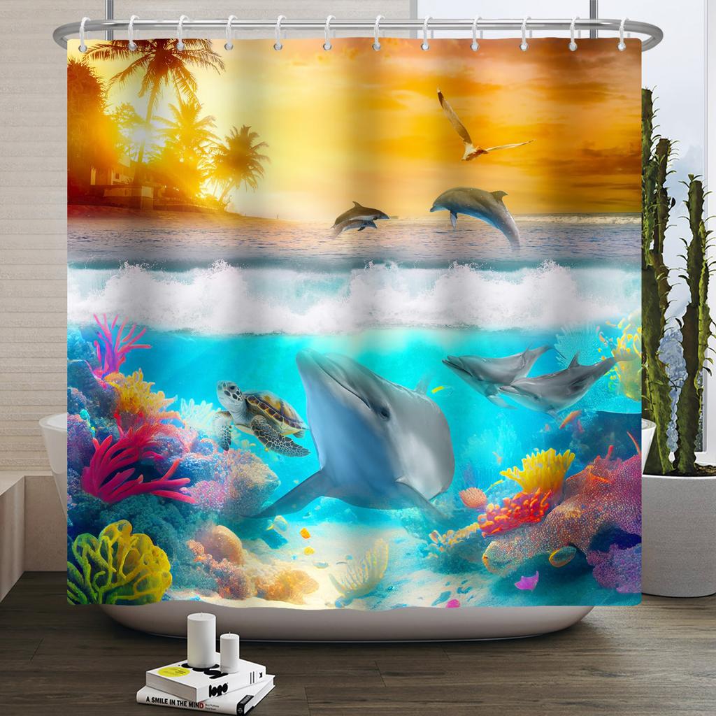 Underwater World Ocean Shower Curtain for Bathroom Seabed Animals Sea Turtle Dolphin Fish Waterproof Bathroom Curtain With Hooks