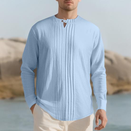 Men Shirt Round Neck Long Sleeve Loose Fit Shirt Pure Color Pleated Casual