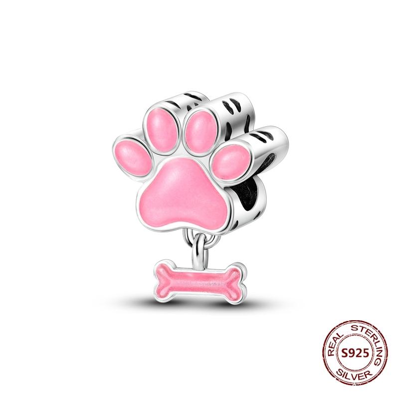 Copper Original Dog Cat Safety Chain Lazy Cat Pink Zircon Pet Paw Print Footprint Charms Fit Bracelet For Women Diy Jewelry