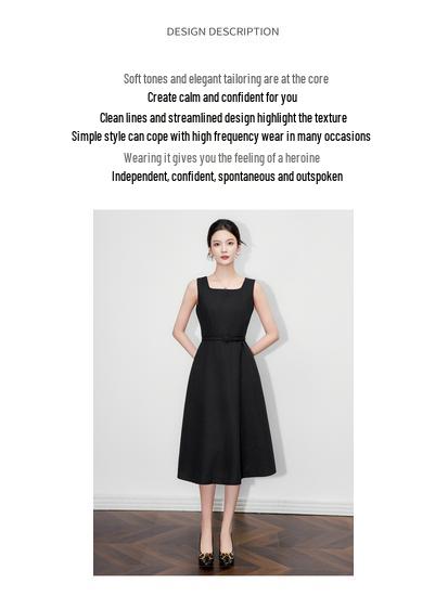 French High-End Square Neck Sleeveless Midi Dress with Waist-Gathering
