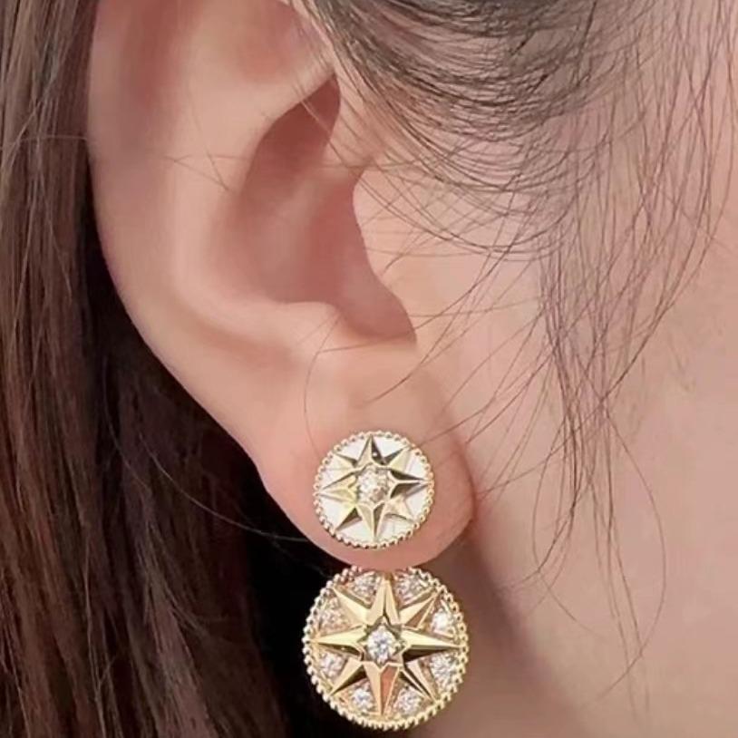 White Mother-of-Pearl Compass Stud Earrings with Zircon Encrusted Eight-Pointed Star