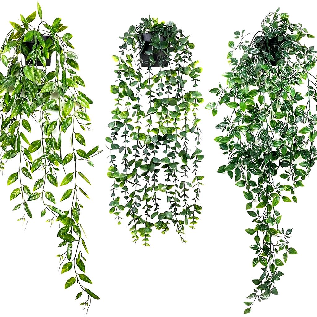 3pcs Artificial Hanging Potted Plants, Fake Hanging Eucalyptus Vine, Mandala Vine and Pea Pods with Pots, Indoor Outdoor Hanging Decor
