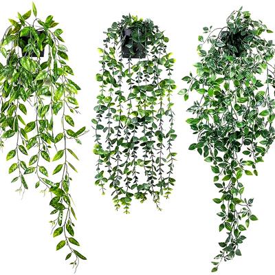 3pcs Artificial Hanging Potted Plants, Fake Hanging Eucalyptus Vine, Mandala Vine and Pea Pods with Pots, Indoor Outdoor Hanging Decor