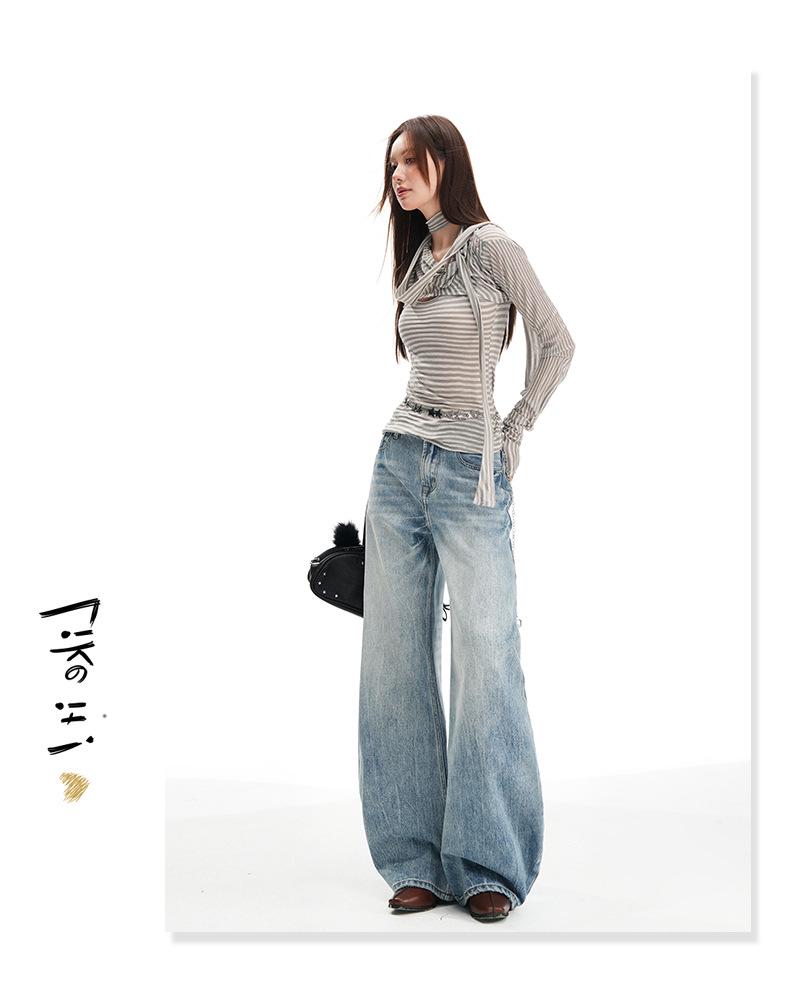 Women's Retro Washed Low Waist Wide Leg Jeans - Autumn Winter Collection