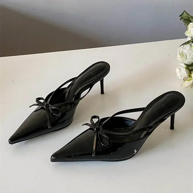 Fashion Elegant Thin High Heel Slide Sandals Women Fashion Butterfly-knot Pointed Toe Women Slippers Sexy Party Dress Shoes Luxury Heels