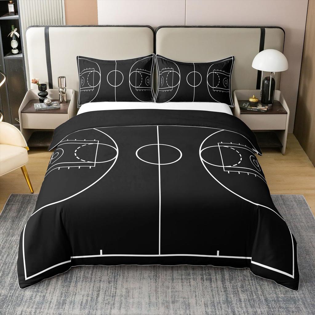 Basketball Comforter Cover Queen Size Sport Dunk Basketball Duvet Covers For Kids Teens, Black Ball Print Bedding Set All Season
