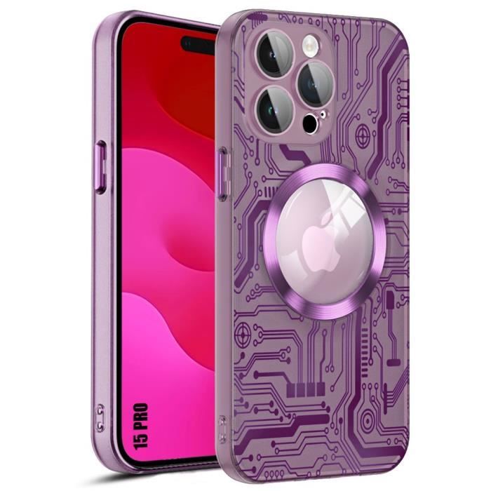 Coque pour iPhone 15 Pro - Coque Rigide - Violet - Protection Caméra en Verre Trempé - Aimant Intégré