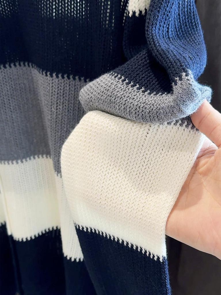 Women's Retro Hong Kong Color Block Striped Sweater: Cozy Autumn/Winter Knitted Cardigan