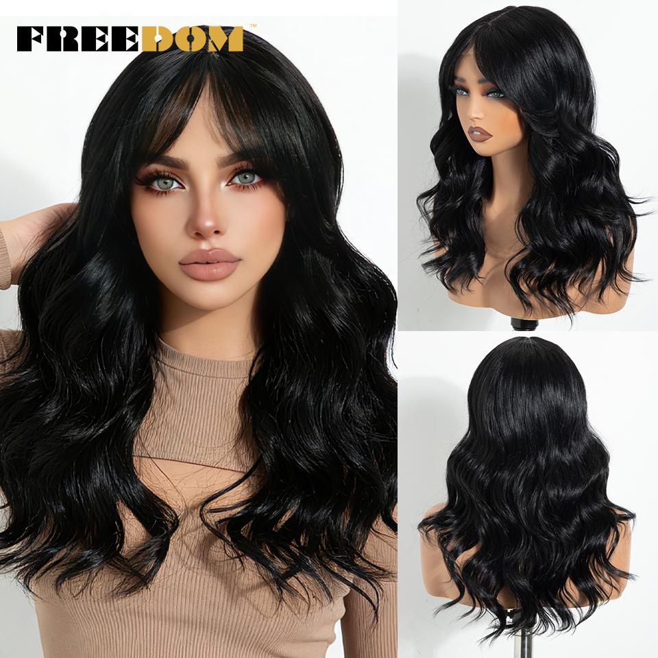 

FREEDOM Body Wave Synthetic Lace Front Wigs For Women Ombre Brown Blonde 18 Inch Lace Wig With Bangs Heat Resistant Cosplay Wig (as the picture,18inches)