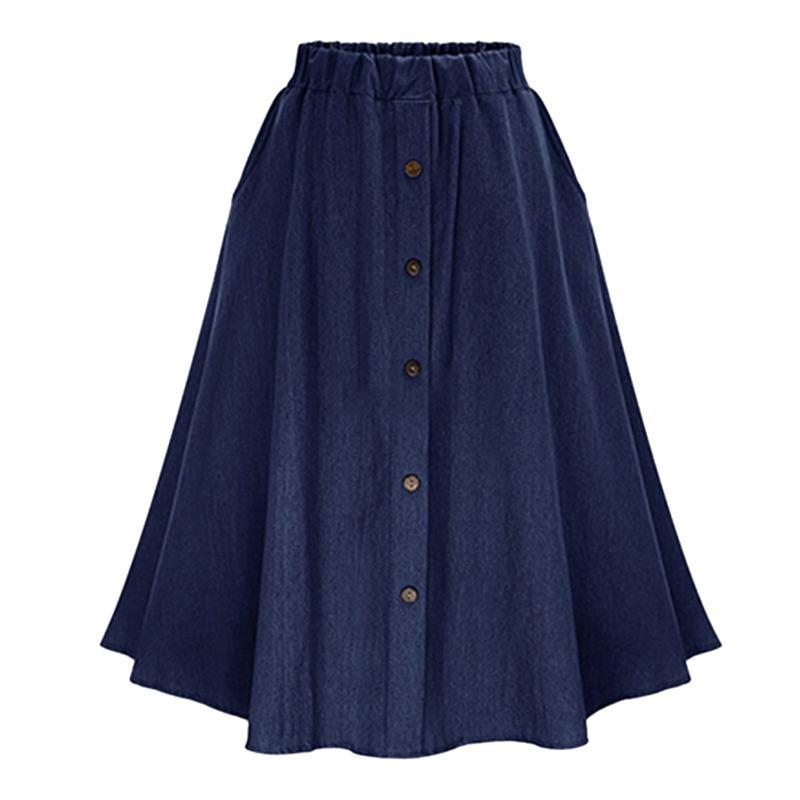 Lady's A-Line High Waist Button Pleated Midi Skirt With Elastic Waist Knee Length