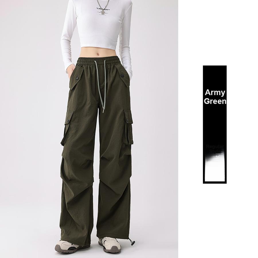 Women's American Cargo Pants Summer New High Waist Quick Dry Parachute Pants Casual Wide Leg Sports Long Pants Trendy