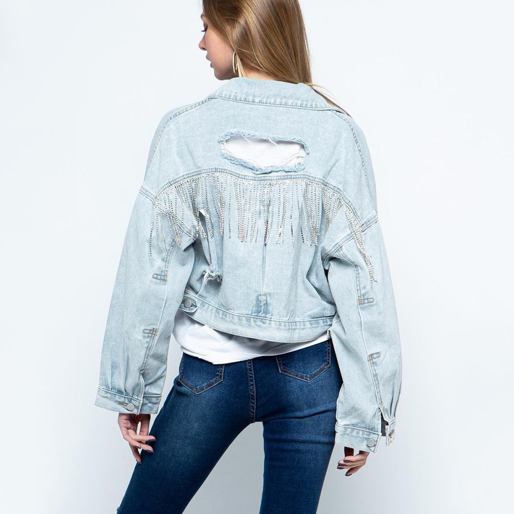 FiveFive Giacca di Jeans da Donna a Maniche Lunghe con Nappe di Strass sul Retro, Larga, Strappata, con Fori