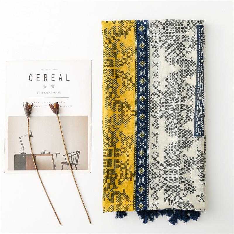 Four Seasons Available For Women To Wear With Cotton And Linen Touch, Bali Yarn Scarf, Exotic Ethnic Style, Cross Stitch Pattern, Tassel Scarf