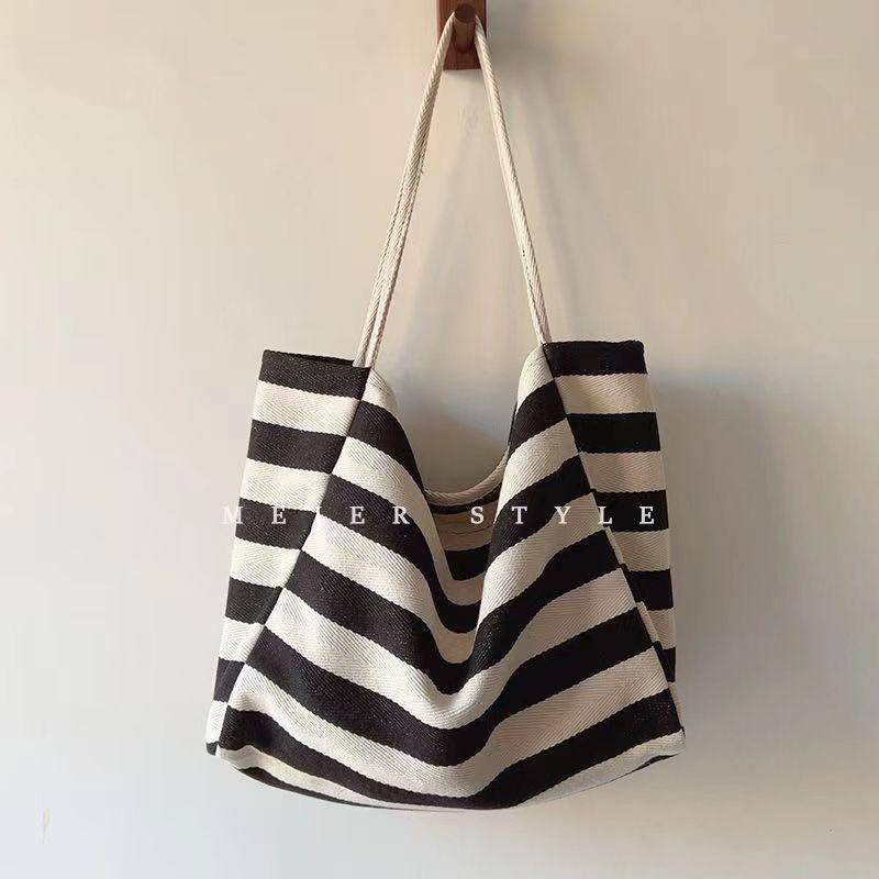 Sac Cabas en Toile Korean Artistic Color Block – Grande Capacité, Épaule Unique, Style Décontracté