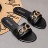 Classic Slippers Woman Slides Beach Flat Low Heels Women Shoes Solid Leather Platform Metal Decoration Summer Shoes Plus Size