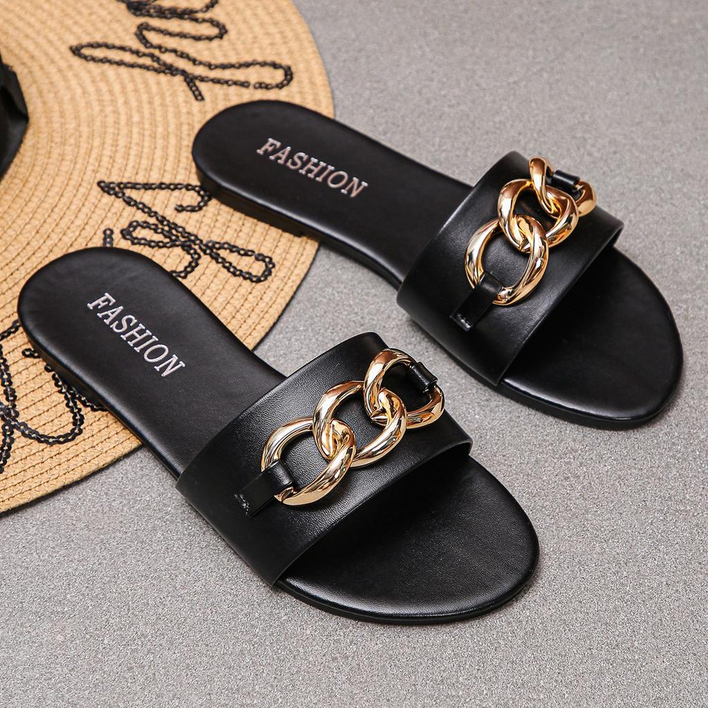 Classic Slippers Woman Slides Beach Flat Low Heels Women Shoes Solid Leather Platform Metal Decoration Summer Shoes Plus Size