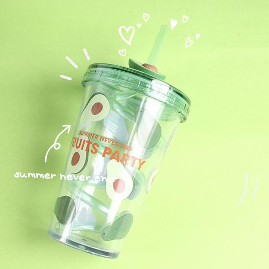 

380ml Water Cup Fruit Pattern Leak-proof Plastic Water Juice Cup Mug with Rotating Straw for Home красный