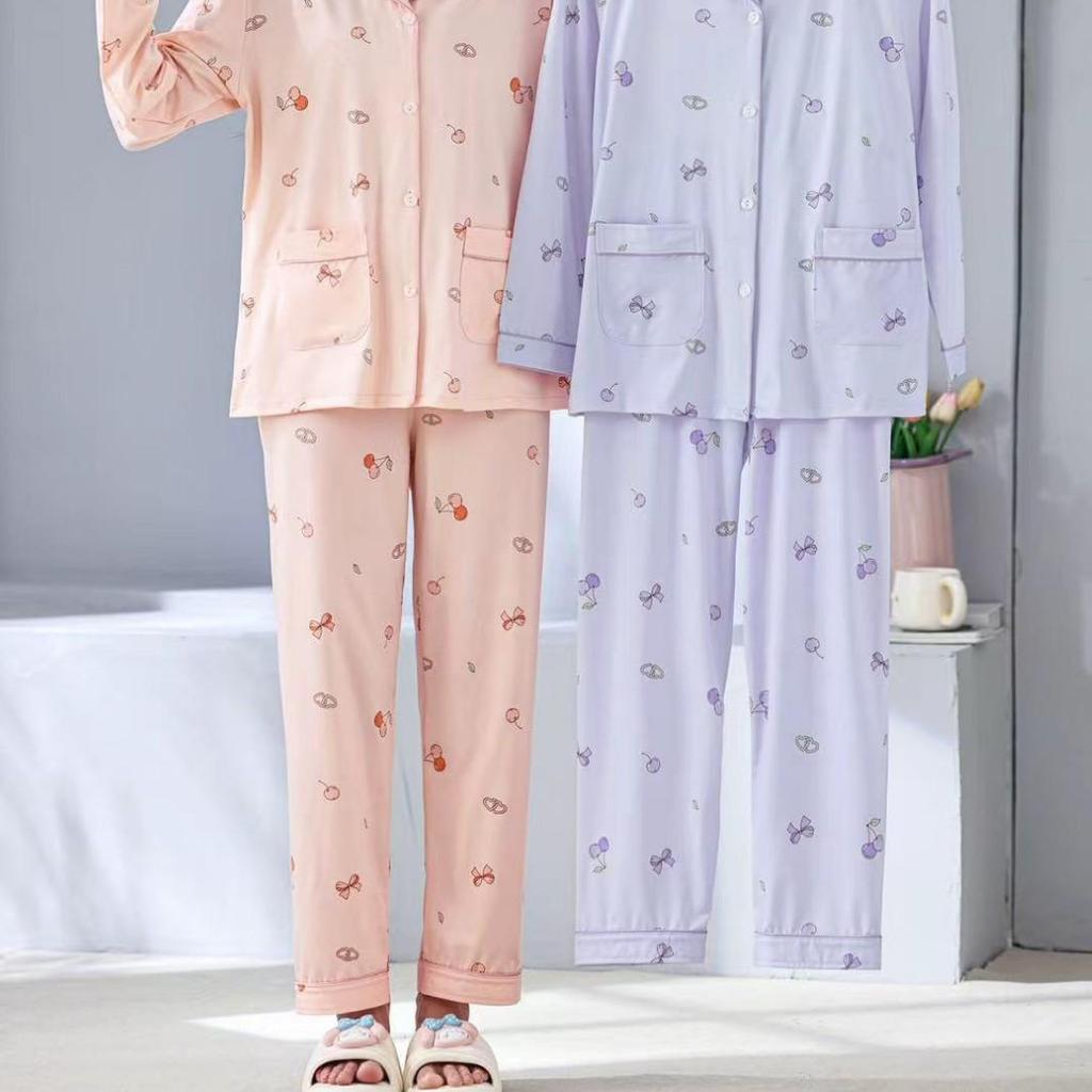 Dingdang Guifei Women's Comfy Two-Piece Pajamas Set: Turn-Down Collar, Long Sleeve Top & Pants for Autumn/Winter